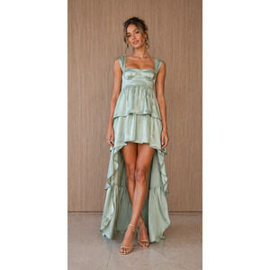WeWoreWhat Sage Green Satin High-Low Maxi Dress